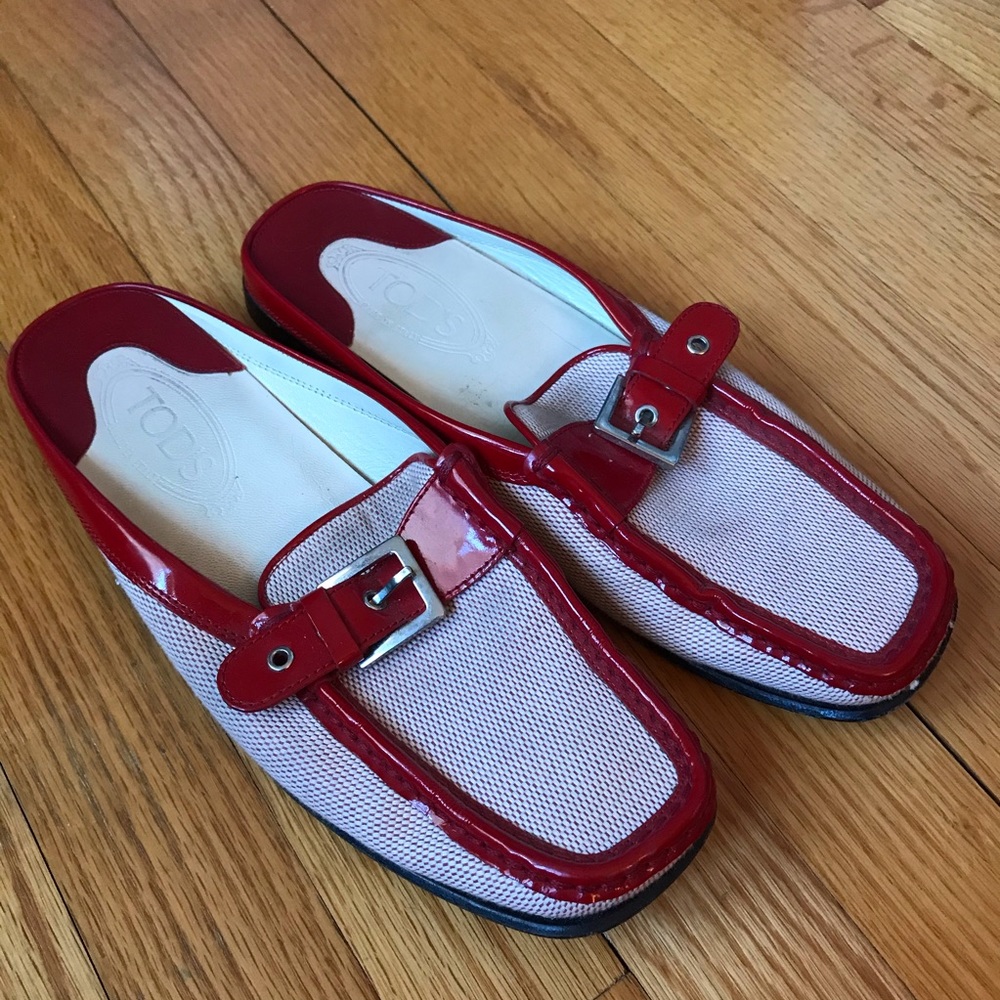 TOD’S Slip On Leather Red and White Loafer Slides